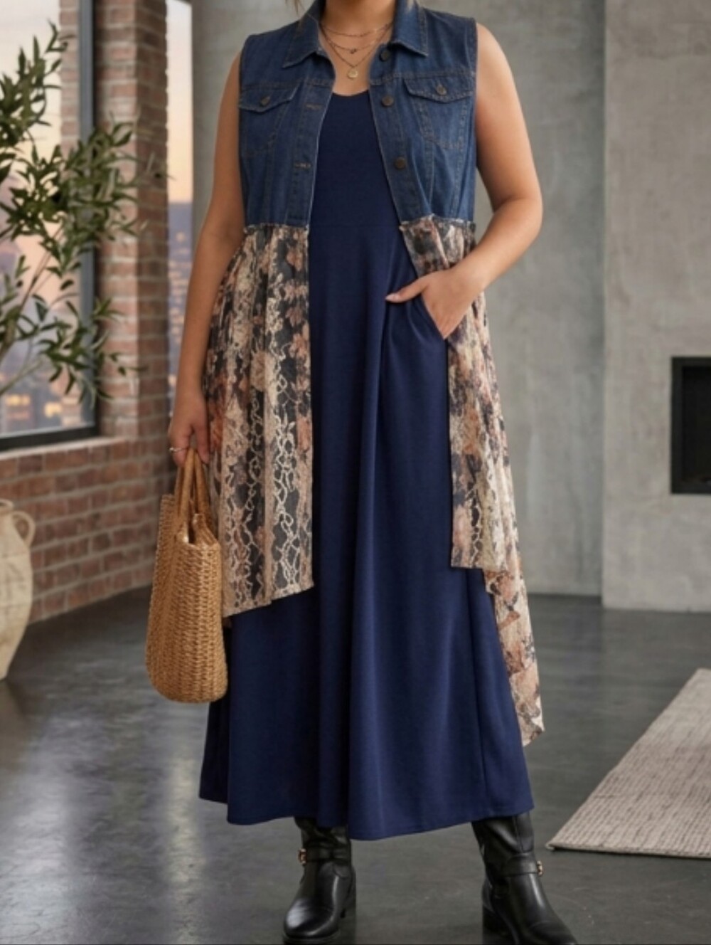 Origami Bohemian Denim Vest with Floral Lace Duster Size L XL